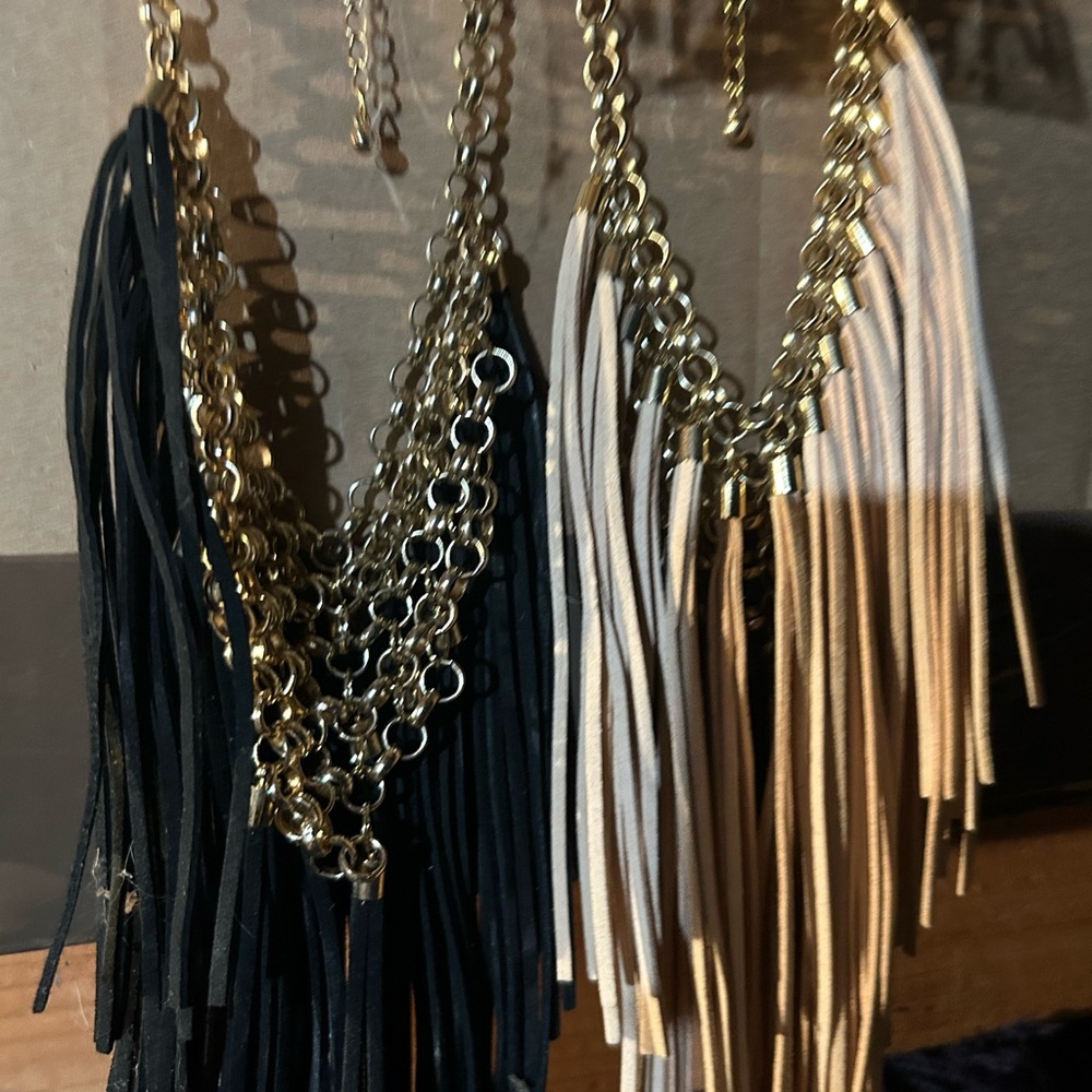 2 Elegant Black and Cream Fringe Necklace